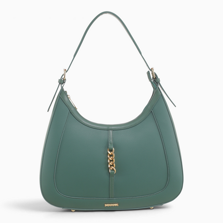 Green hobo bag with a chain-link zip pull and gold-tone hardware